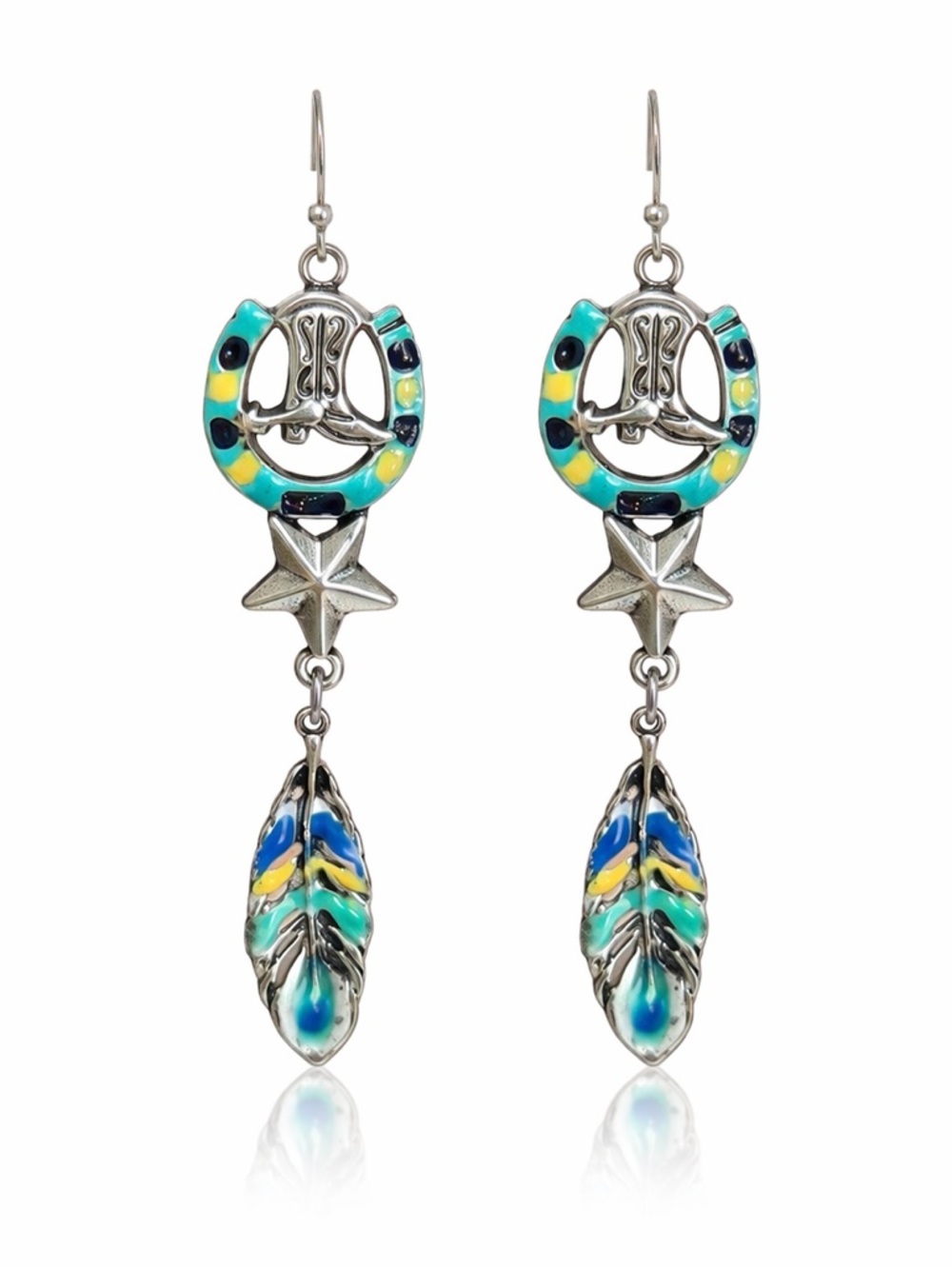 Boho Horseshoe & Feather Drop Earrings - Turquoise Multi Enameled